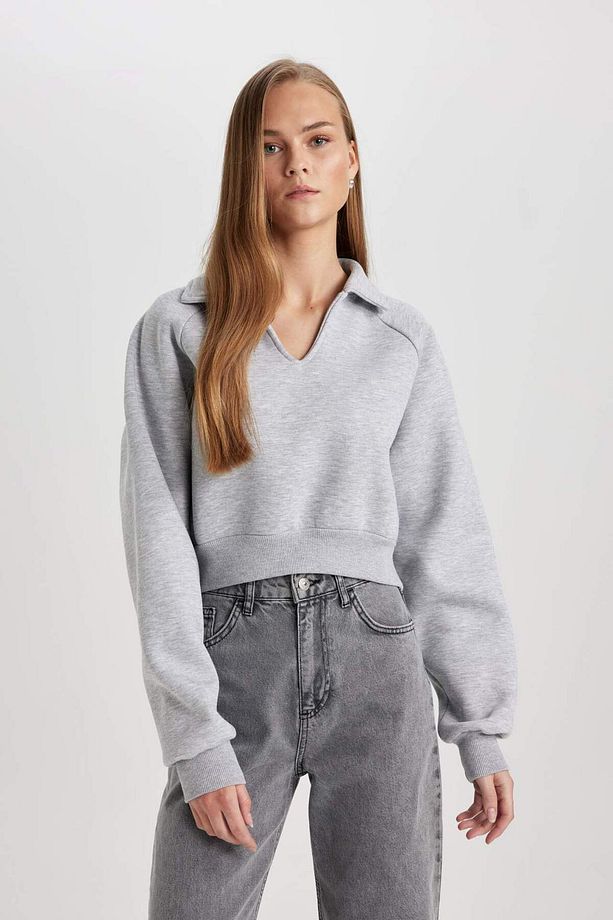 Regular Fit Polo Yaka Basic Düz Kalın Sweatshirt C4583AX24SM - 4