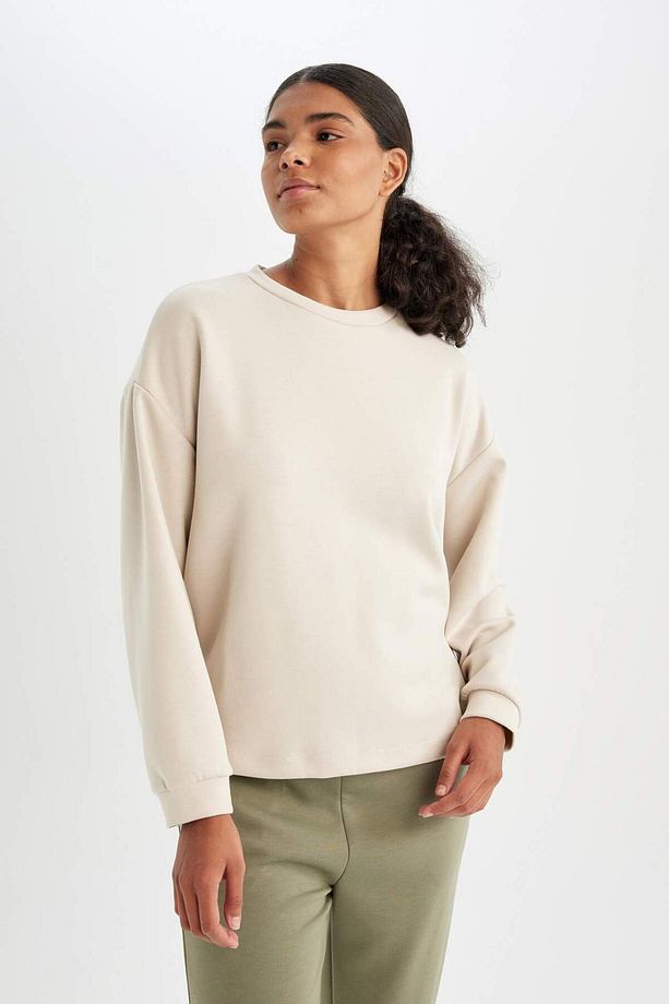 DeFactoFit Oversize Geniş Kalıp Bisiklet Yaka Basic Düz Skuba Dalgıç Kumaş Sporcu Sweatshirt B4668AX - 7