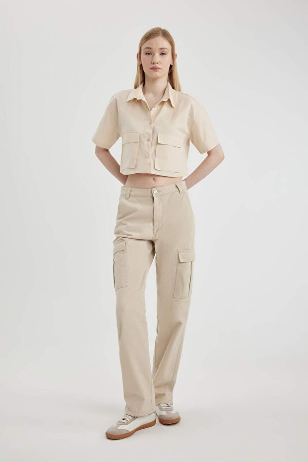 Coool Oversize Geniş Kalıp Poplin Kısa Kollu Crop Gömlek C0739AX24SP - 2