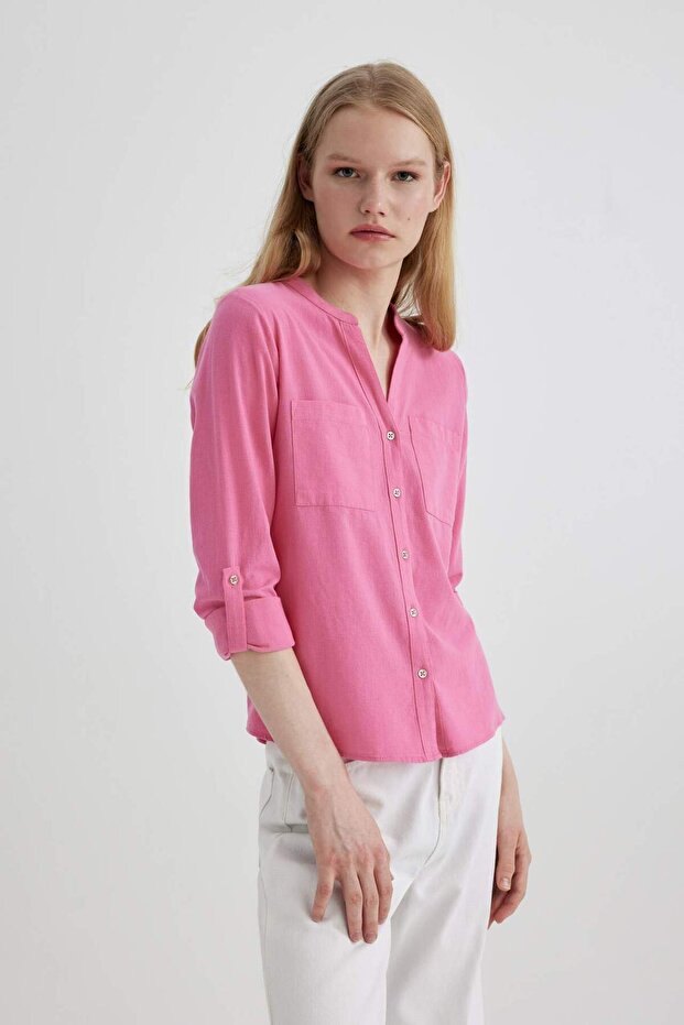 Regular Fit Uzun Kollu Keten Görünümlü Gömlek V2522AZ24SP - 3