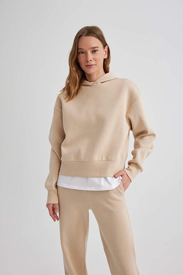 Boxy Fit Kapüşonlu Kalın Basic Düz Sweatshirt B8570AX24SP - 1