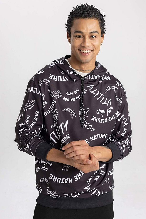 DeFactoFit Standart Fit Kapüşonlu Desenli Skuba Dalgıç Kumaş Sporcu Sweatshirt B4511AX24SP - 1