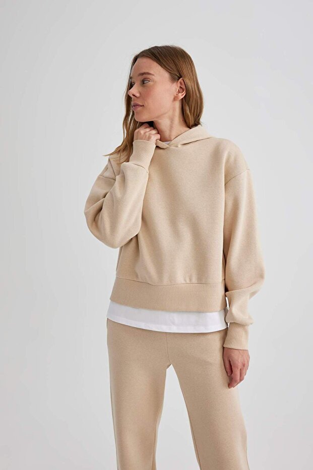 Boxy Fit Kapüşonlu Kalın Basic Düz Sweatshirt B8570AX24SP - 3
