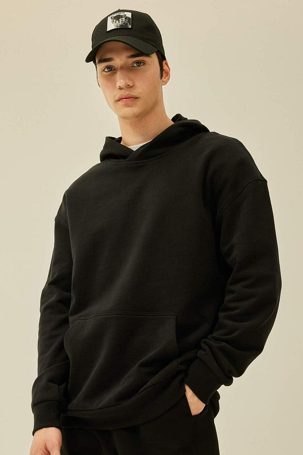 %100 Pamuk Comfort Regular Fit Rahat Kalıp Kapüşonlu Kanguru Cepli Basic Düz Sweatshirt B4446AX24SP - 1