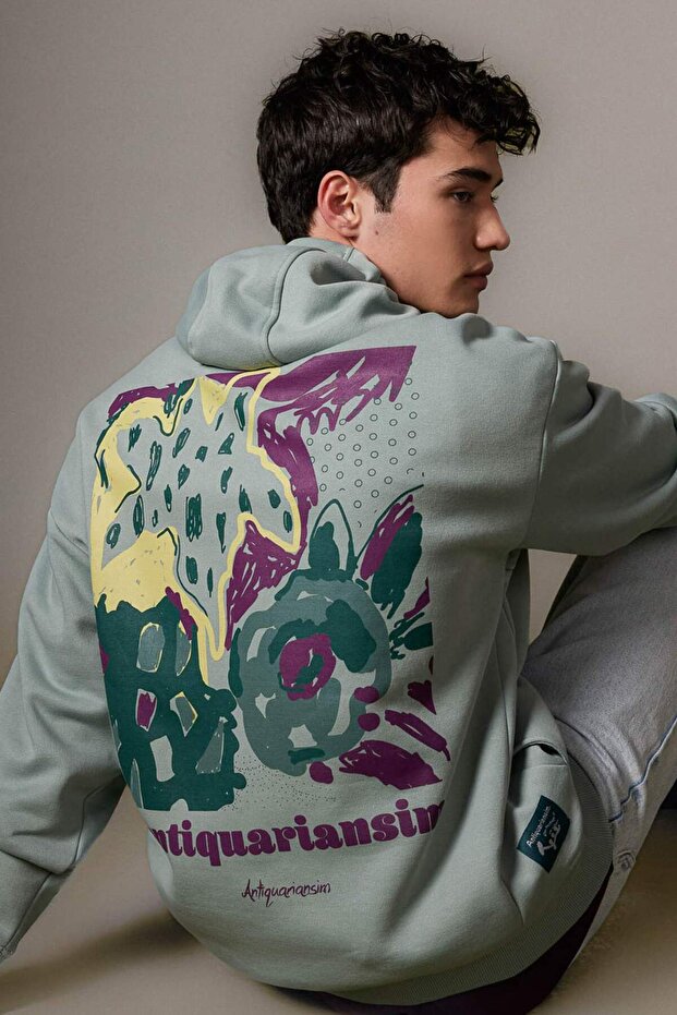 Oversize Wide Fit Back Printed Hooded Pocket Sweatshirt B4753Ax24Sp