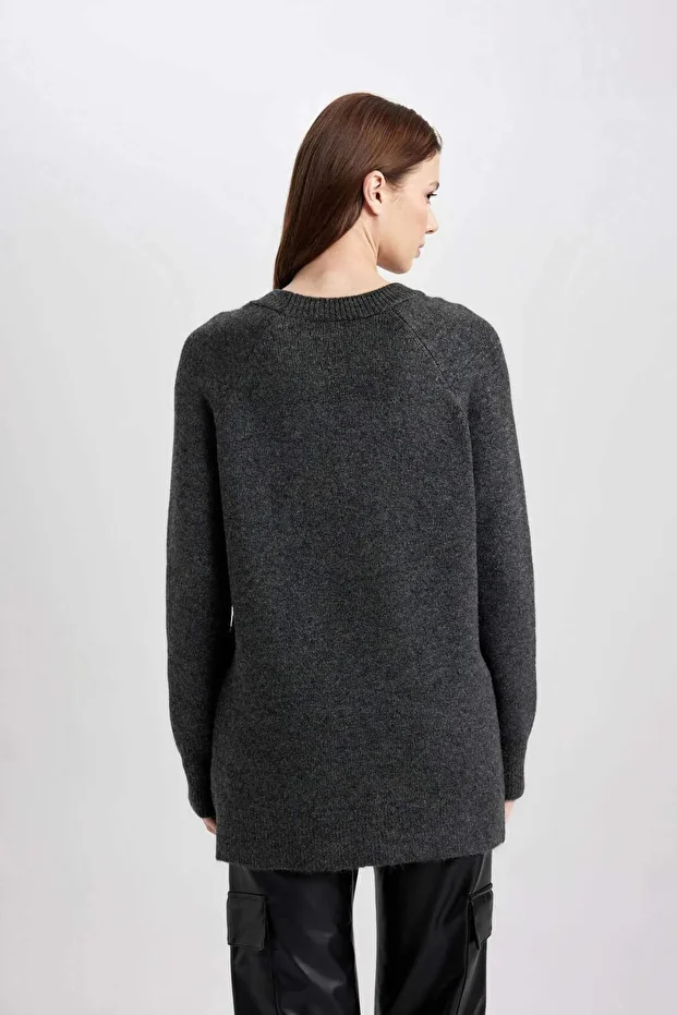 Regular Fit Bisiklet Yaka Basic Düz Triko Kazak Tunik B2709AX23WN - 6