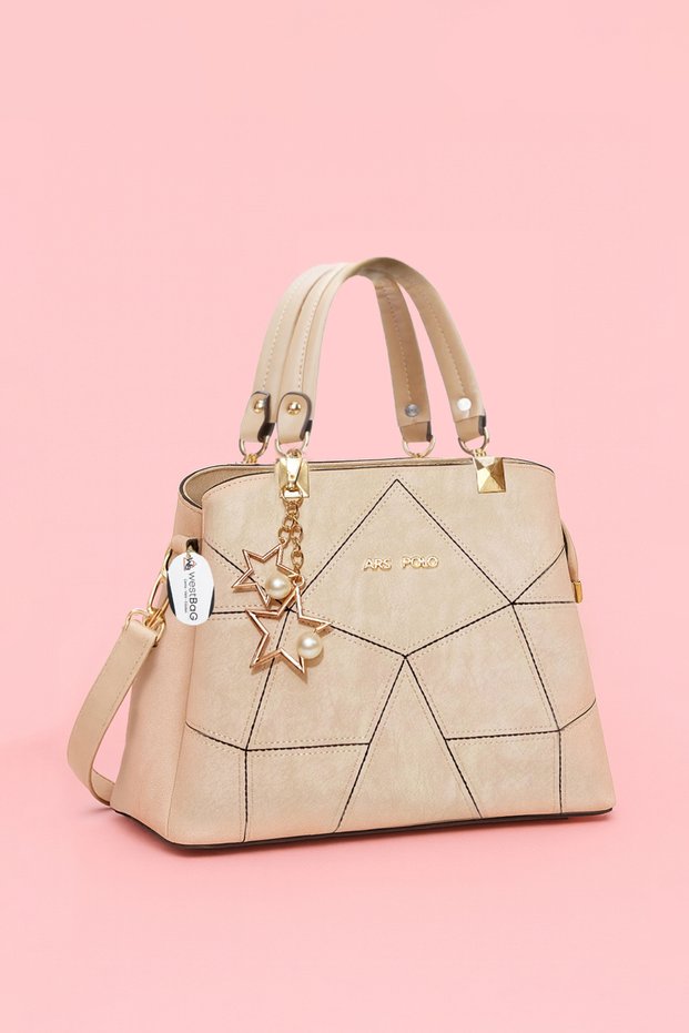 Women's Beige Butterfly Hand and Shoulder Bag Handbag Charm Detailed
