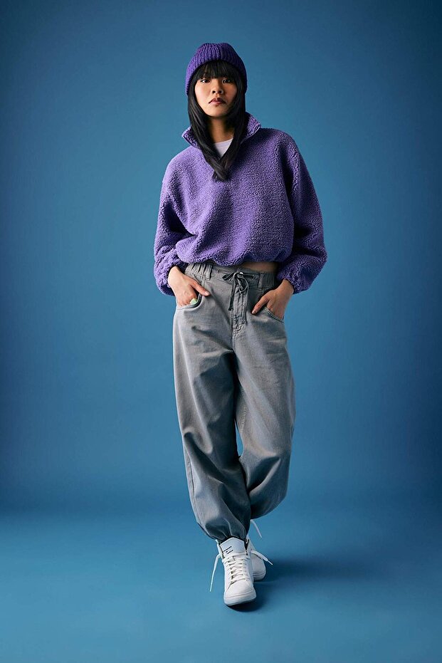 Coool Oversize Fermuarlı Dik Yaka Basic Düz Pelüş Sweatshirt B9836AX23WN - 2