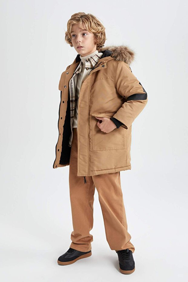 Erkek Çocuk Su İtici Çıkarılabilir Kürk Kapüşonlu Pelüş Astar Kaban A2260A823CW - 5