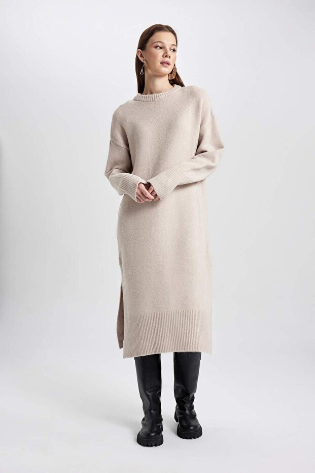 Regular Fit Bisiklet Yaka Basic Düz Uzun Kollu Maxi Triko Elbise C1933AX23WN - 3