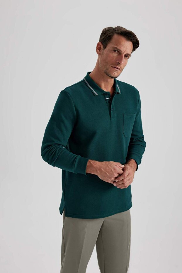 Regular Fit Polo Yaka Pike Basic Düz Sweatshirt B1869AX23AU - 7