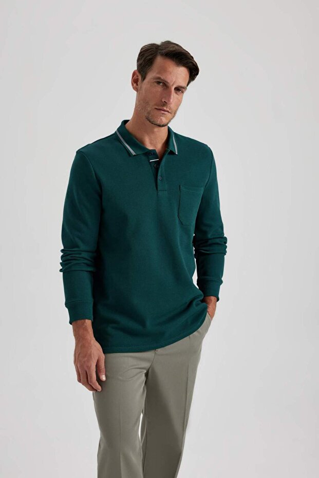 Regular Fit Polo Yaka Pike Basic Düz Sweatshirt B1869AX23AU - 5