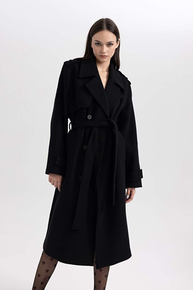 Regular Kalıp Ceket Yaka Apoletli Düğme Kapamalı Cepli Yünlü Uzun Kaşe Kaban A9154AX23WN - 7