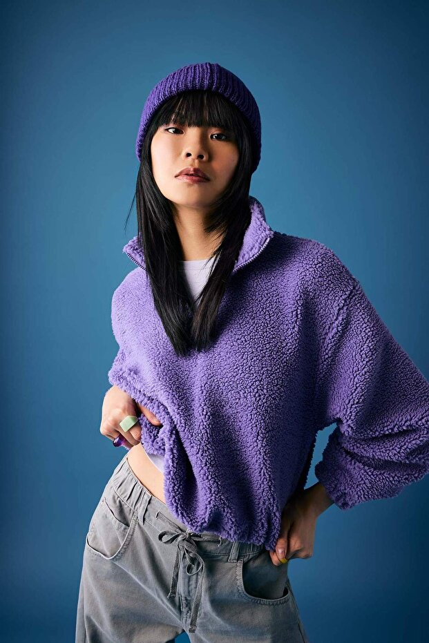 Coool Oversize Fermuarlı Dik Yaka Basic Düz Pelüş Sweatshirt B9836AX23WN - 3