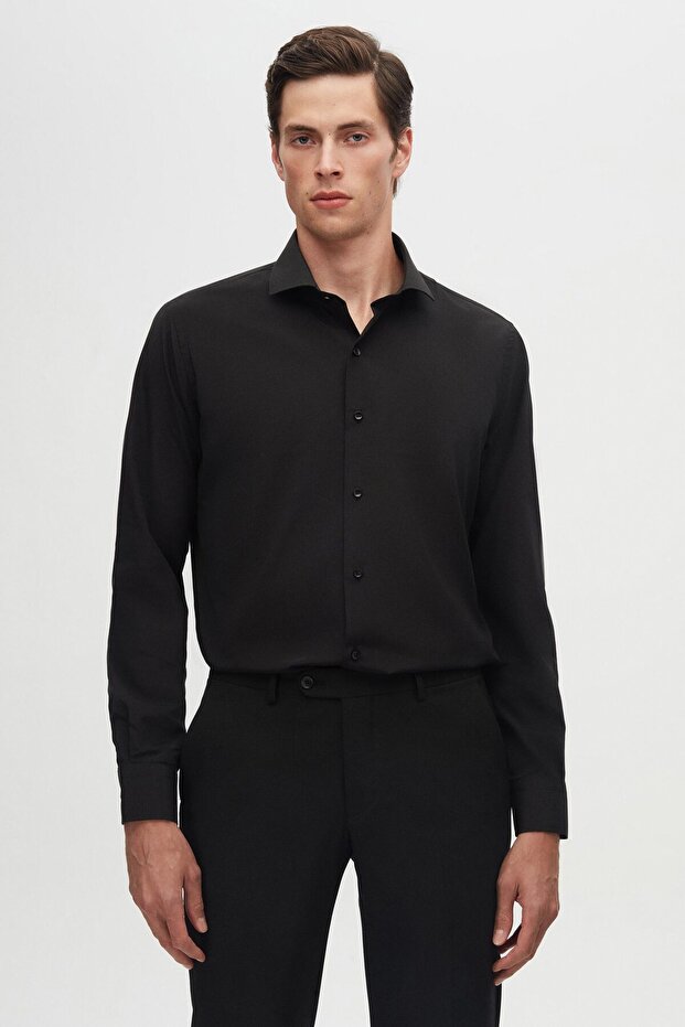Slim Fit Black Italian Collar Slim Fit Classic Tie Long Sleeve Easy Iron-On Shirt