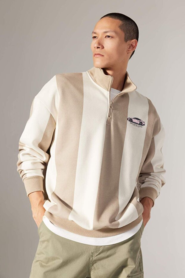 Oversize Fit Wide Fit Stand Collar Half Zipper Printed Sweatshirt B1651Ax23Au