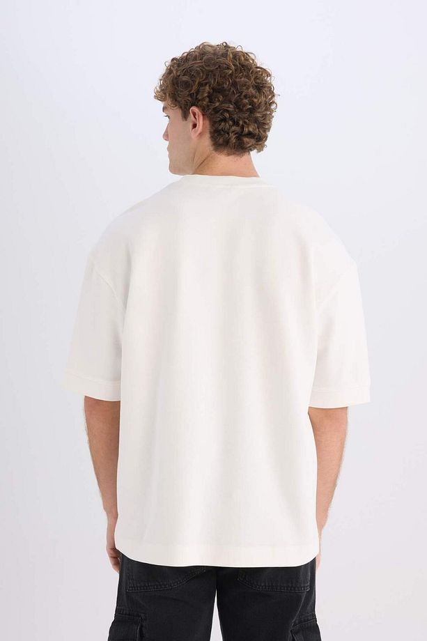 Loose Fit Bisiklet Yaka Kısa Kollu Ağır Kumaş Basic Düz Tişört B4844AX23WN - 5