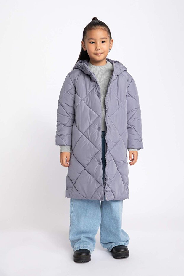 Kız Çocuk Su İtici Kapüşonlu Kapitoneli Uzun Kaban A2256A823AU - 5