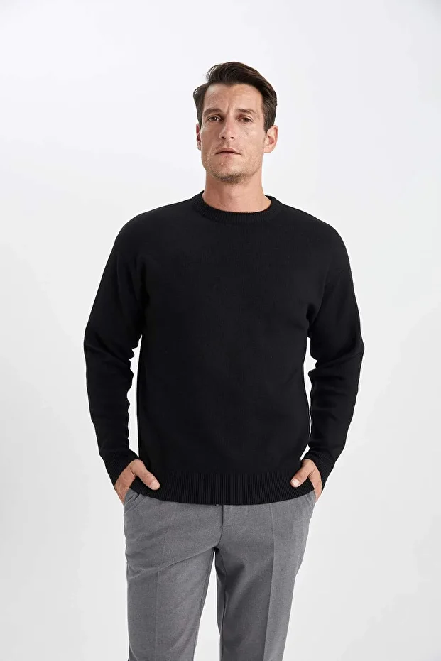 Siyah Relax Fit Bisiklet Yaka Basic Düz Triko Kazak A8449AX23WN - 7
