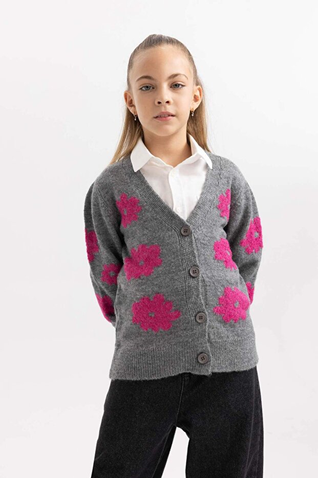 Kız Çocuk Çiçekli V Yaka Triko Hırka X9530A623WN - 5