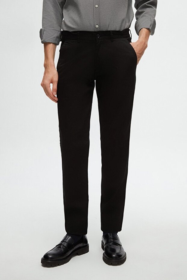 D'S Damat Ds Damat Slim Fit Siyah Armürlü Yan Beli Lastikli Esnek Likralı Yandan Cepli Chino Pantolon