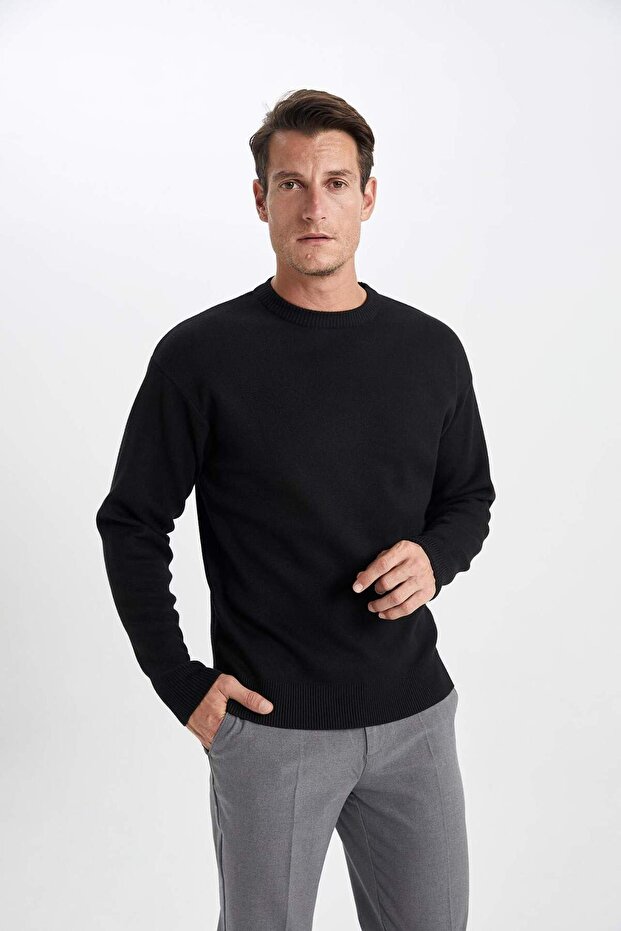 Siyah Relax Fit Bisiklet Yaka Basic Düz Triko Kazak A8449AX23WN - 6
