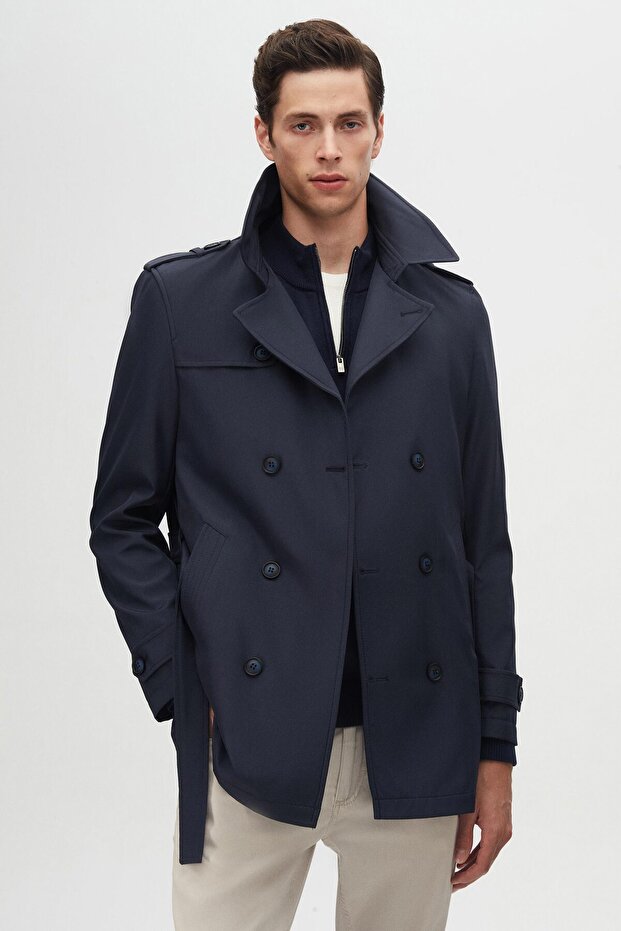 Ds Damat Regular Fit Navy Blue Epaulet Belted Top Coat/Trencoat