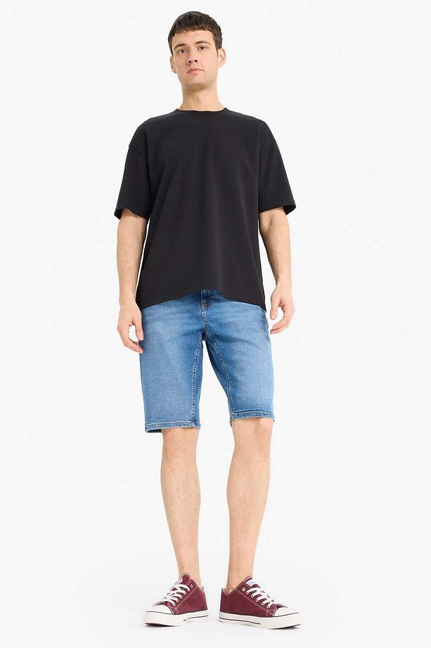 Oversize Geniş Kalıp Bisiklet Yaka Kısa Kollu Basic Düz Ağır Kumaş Tişört X3926AZ23AU - 2