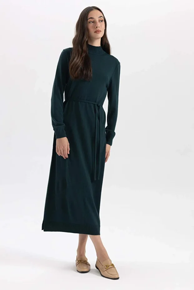 Regular Fit Yarım Balıkçı Yaka Basic Düz Yırtmaçlı Uzun Kollu Maxi Triko Elbise A9807AX23WN - 2