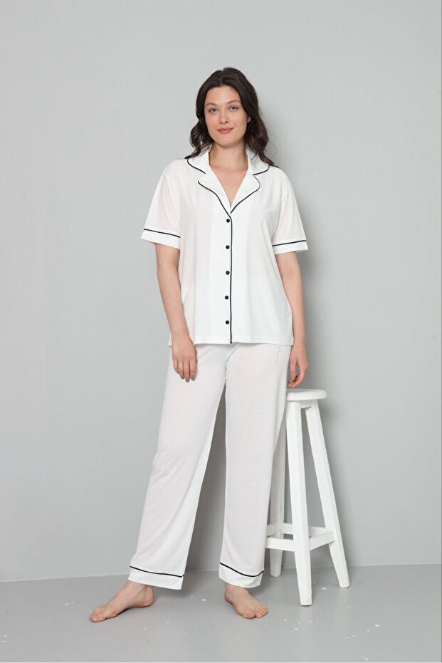 Aylam Li̇ngeri̇e Ecru Ribbed Front Button Short Sleeve Maternity and Maternity Pajama Set Set of 3