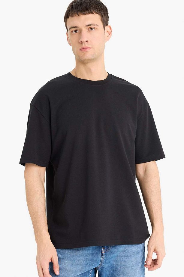 Oversize Geniş Kalıp Bisiklet Yaka Kısa Kollu Basic Düz Ağır Kumaş Tişört X3926AZ23AU - 1