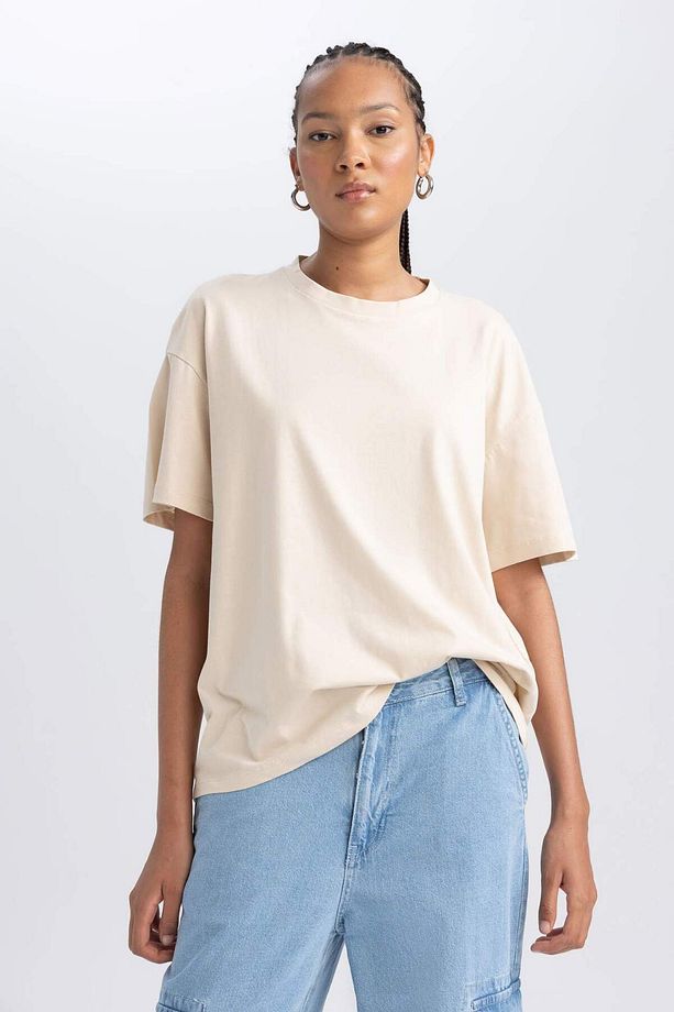Oversize Geniş Kalıp Bisiklet Yaka Kısa Kollu Tişört B0648AXNS - 1