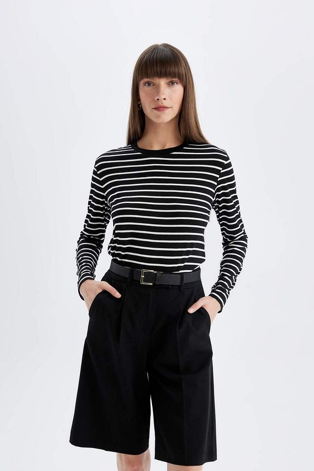 Regular Fit Çizgili Bisiklet Yaka Uzun Kollu Tişört A9254AX23WN - 4