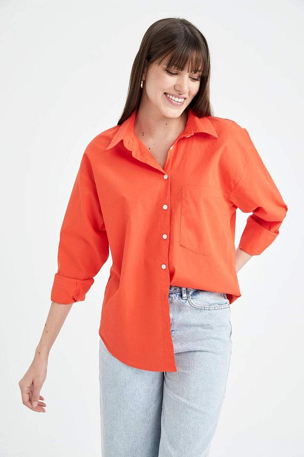 Oversize Geniş Kalıp Poplin Basic Düz Uzun Kollu %100 Pamuk Gömlek V3984AZ23SP - 3