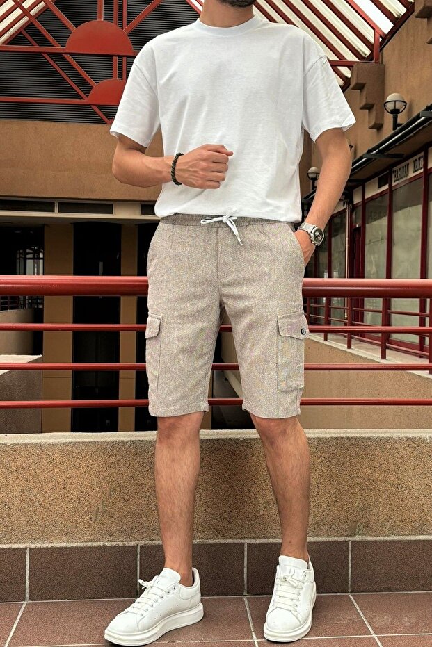 Men'S, Elastic Waist, Cargo Pocket, Cotton, Linen Woven, Lace-Up Shorts 24Inp287
