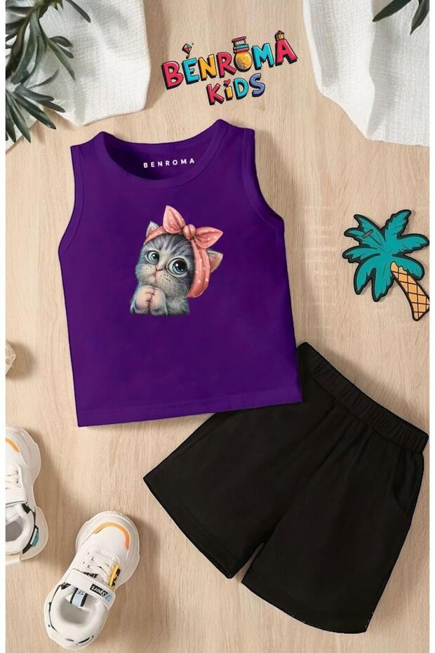 Minnoş Cat Printed Shorts Tee Unisex Children's Set