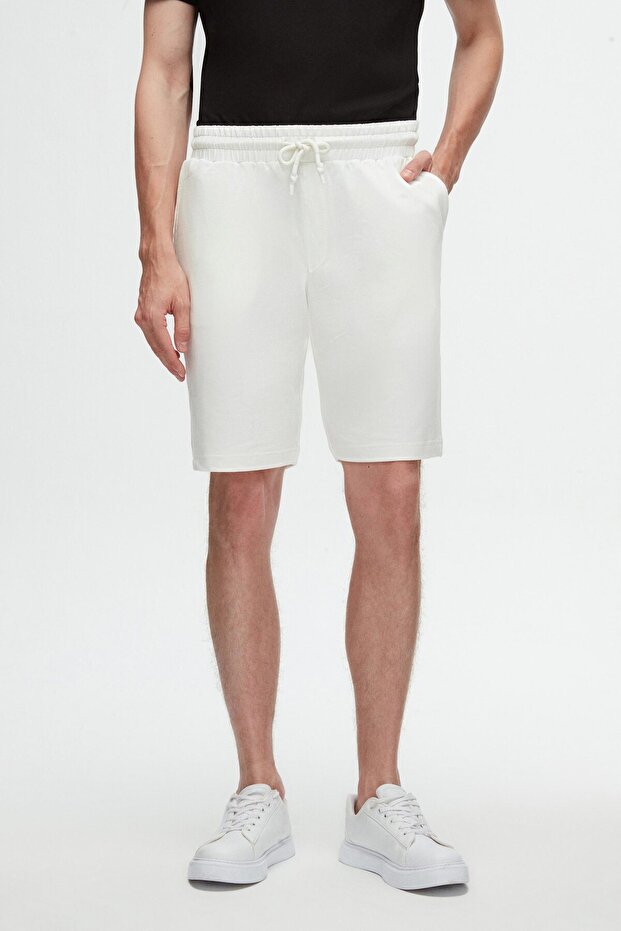 Ds Damat Slim Fit Ecru Comfortable Cotton Knitted Shorts with Elastic Waistband Detail