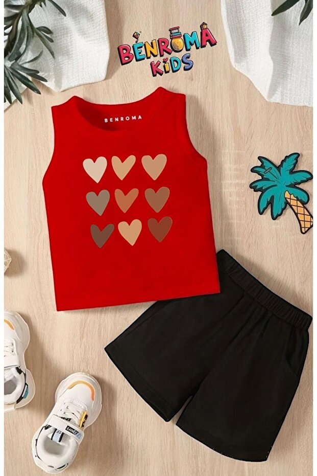 Row of Heart Printed Shorts Tee Unisex Children's Set