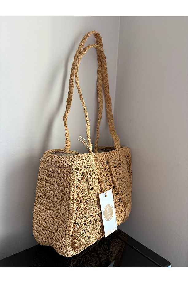 Hasır Motifli El Örmesi Omuz Çantası 25x40cm Astarlı - 4