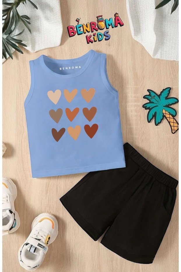 Row of Heart Printed Shorts Tee Unisex Children's Set