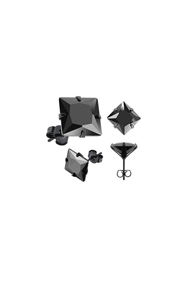 Women Men Square Black 8 Mm. Stone Steel Earrings Cm25-8