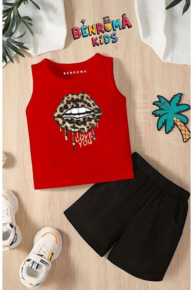 Leopard Lip Printed Shorts Tee Unisex Children's Set