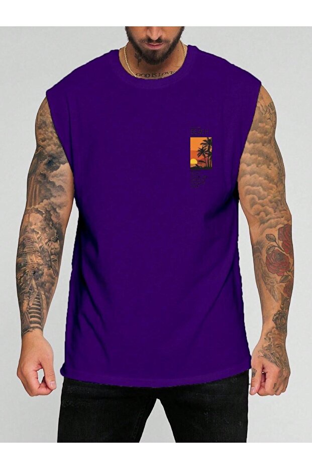 تي شيرت صيفي مطبوع بدون أكمام للشاطئ
