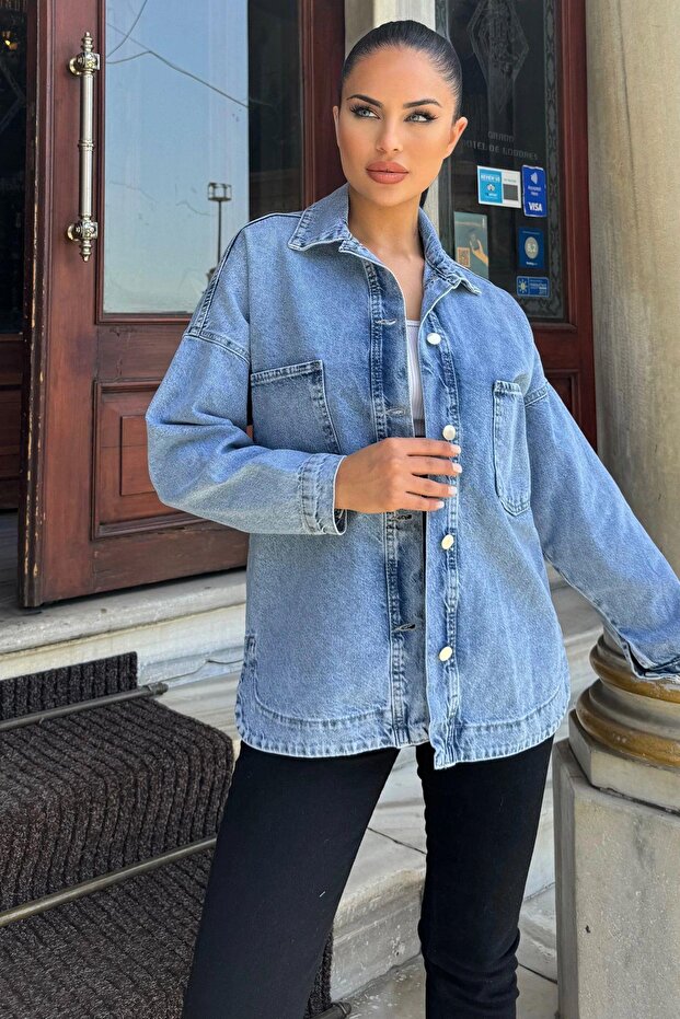 Blue Oversize Denim Pocket Buttoned Jacket Shirt