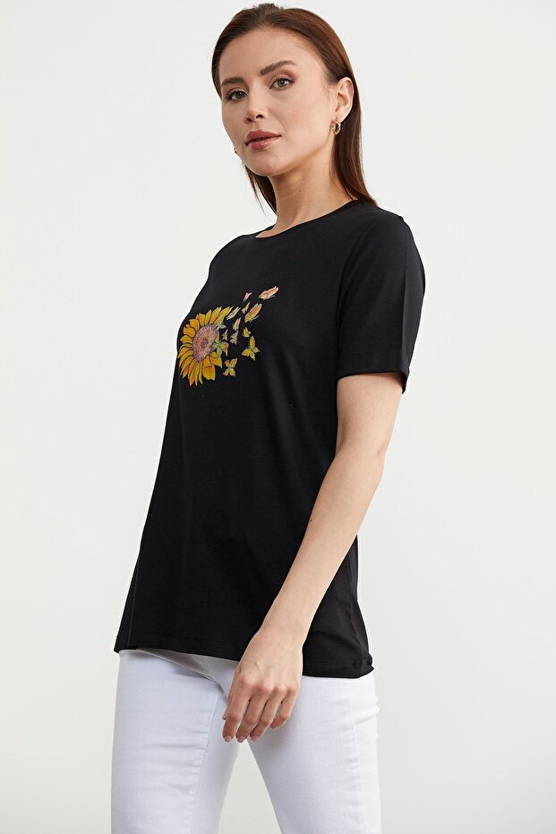 Baskılı Basic Penye Tişört - Siyah - 2