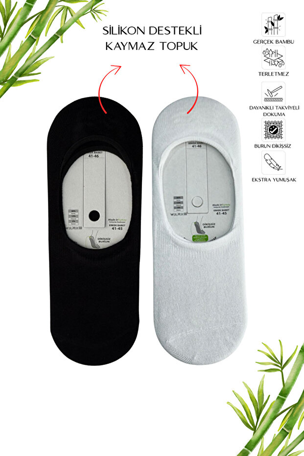 6-Piece Non-Slip Silicone Seamless Bamboo White-Black Men's Ballerina Socks