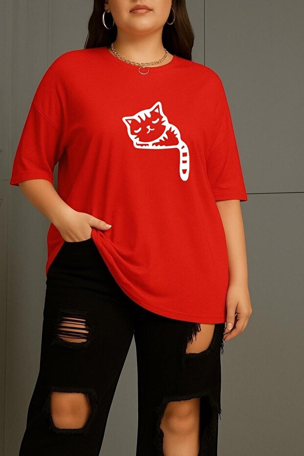 Plus Size Striped Unisex T-Shirt with Asleep Cat Print