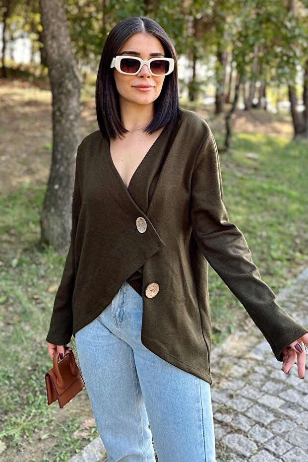 Women's Khaki Asymmetric Cut Buttoned Loose Cardigan Blouse