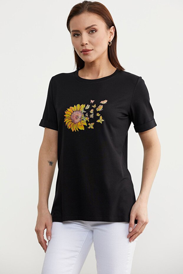 Baskılı Basic Penye Tişört - Siyah - 3