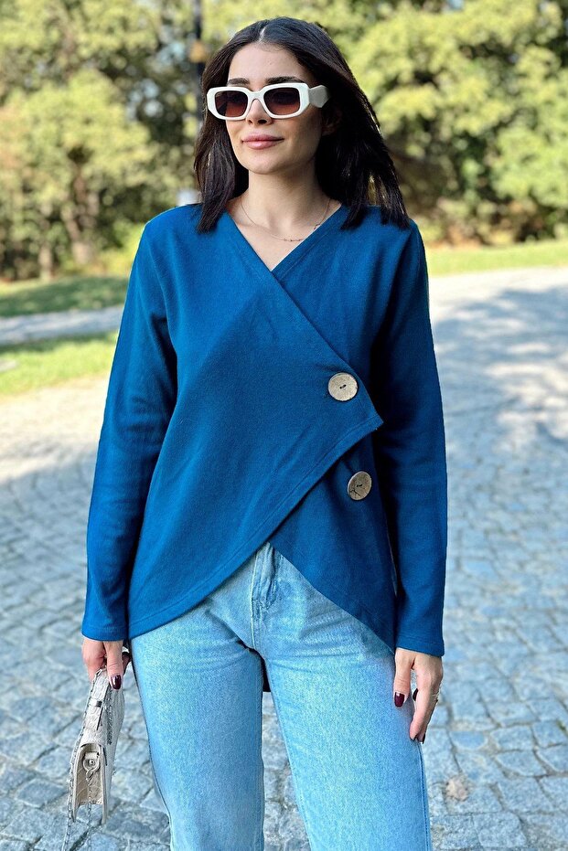 Women's Indigo Asymmetric Cut Buttoned Loose Cardigan Blouse